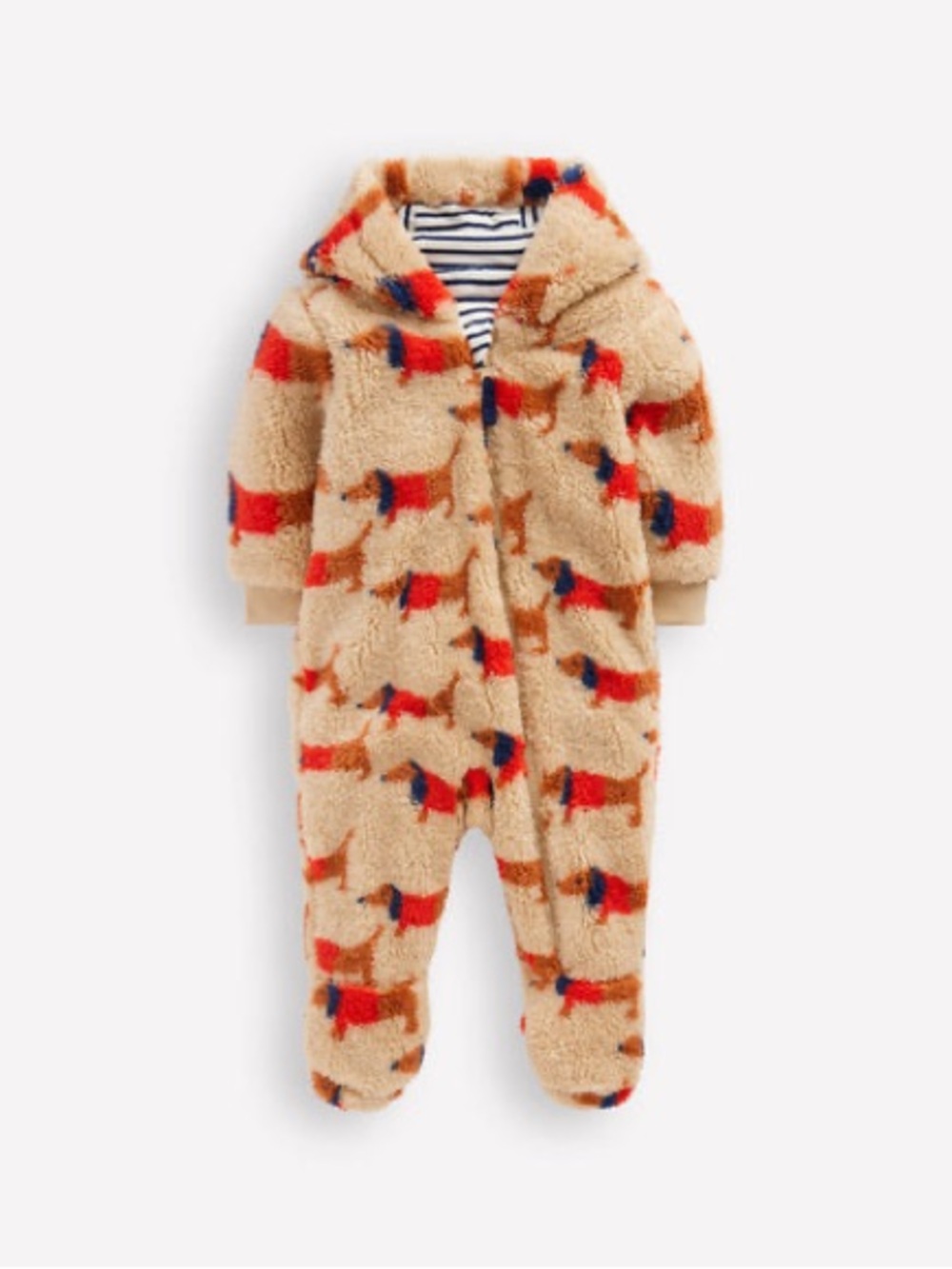 Baby BODEN Printed Fleece Pramsuit-Red Sausage Dachschund Dogs, Sz 9-12 Months